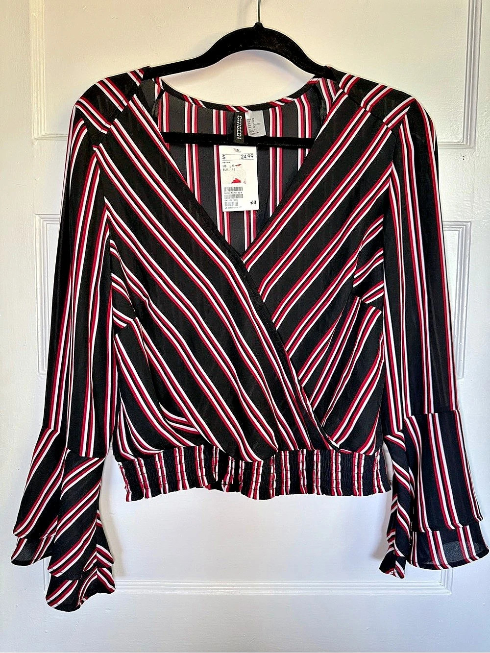 H&M Divided Striped Wrap Crop Top Black & Red Flare Sleeve Dark Academia Medium